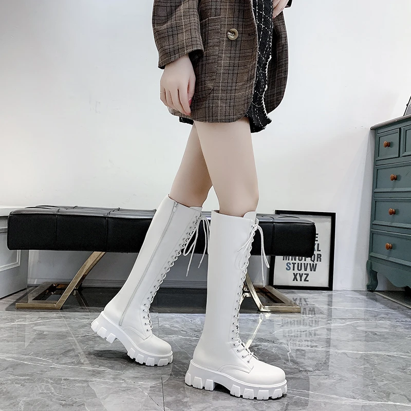 

Fashion Women Cross Strap PU Leather Boots Autumn Winter Knee High Boots Ladies Thick Sole Platform Botas Mujer Mid-calf White