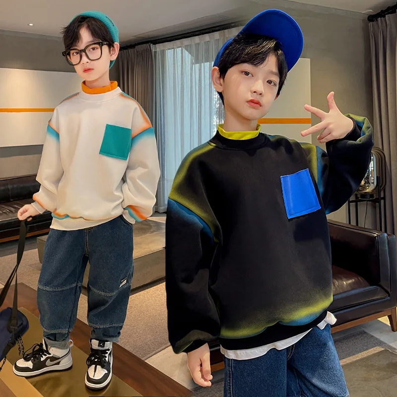 

Детская толстовка для мальчиков с бархатной подкладкой куртка осень-зима Молодежный теплый пуловер Модный Черный Бежевый свитер 5-14