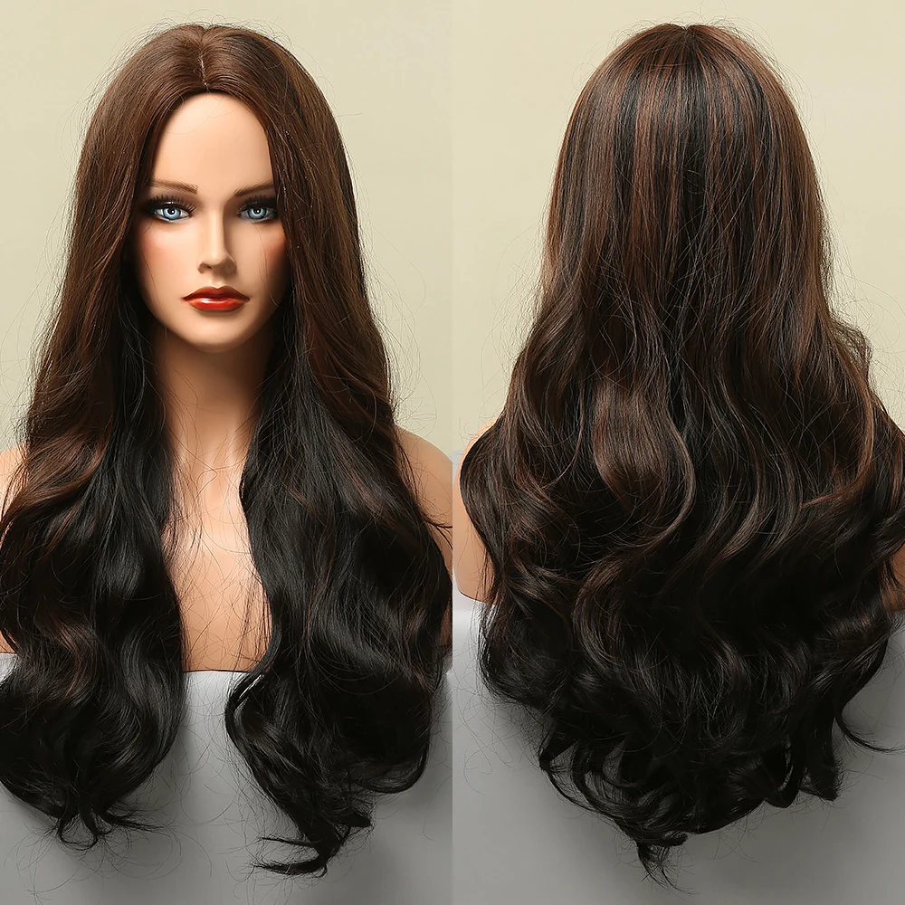 

Black Blonde Highlight Long Wave Synthetic Wigs Middle Part Natural Heat Resistant Wigs for Black Women Daily Cosplay Party Use