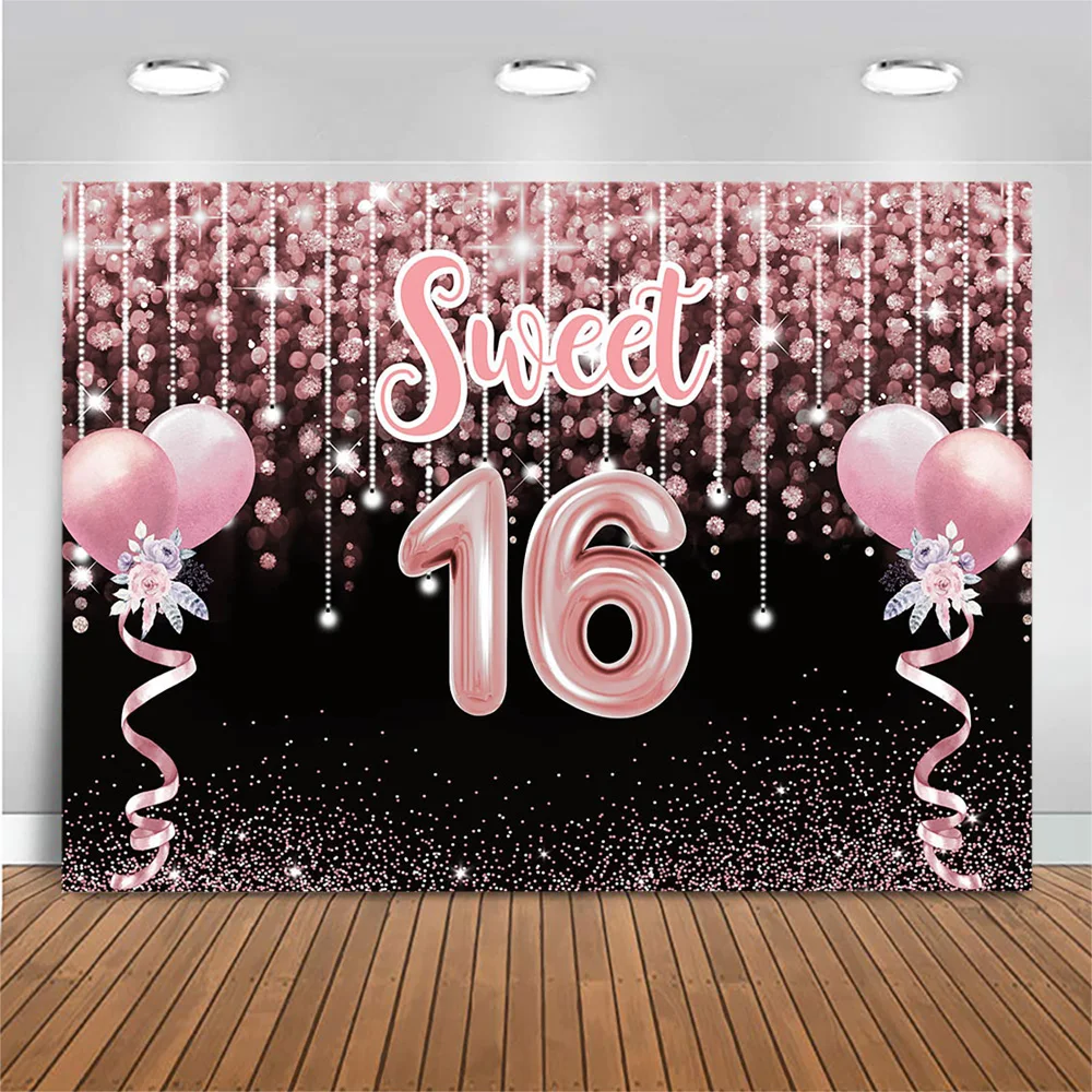 Mocsicka Glitter Sweet 16 Birthday Backdrop Photography Pink Polka Dots Balloon Girl Birthday Party Photo Background Decoration