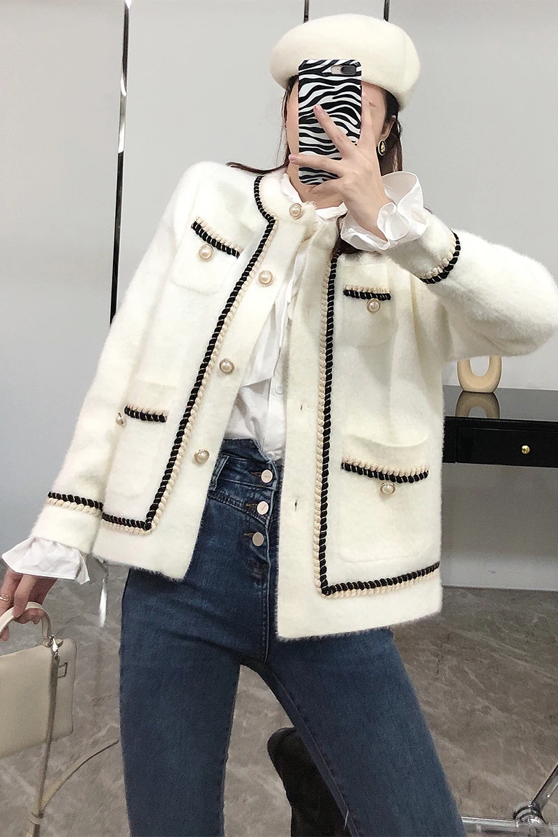 

Autumn and Winter Wild Coat 2020 New Women's Pearl Mid-Length Cashmere Woolen Coat
