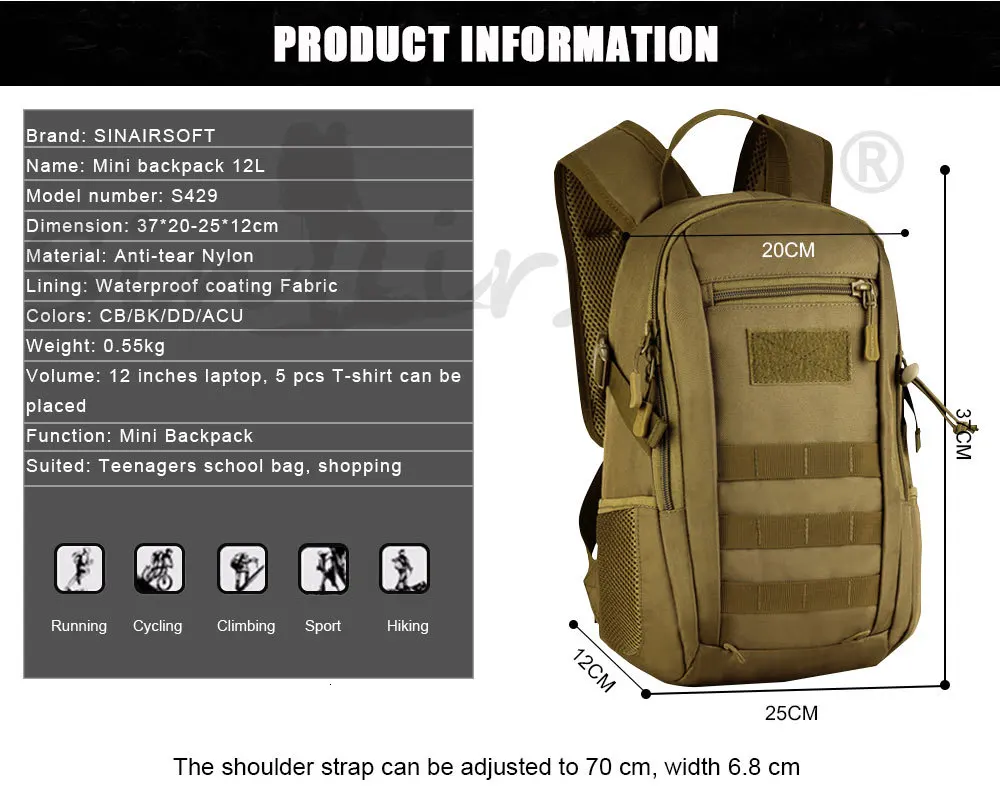 SINAIRSOFT Военная тактика рюкзак нейлон Molle рюкзак сумка 12L камуфляж путешествия для спорта на открытом воздухе Охота Водонепроницаемый LY0091
