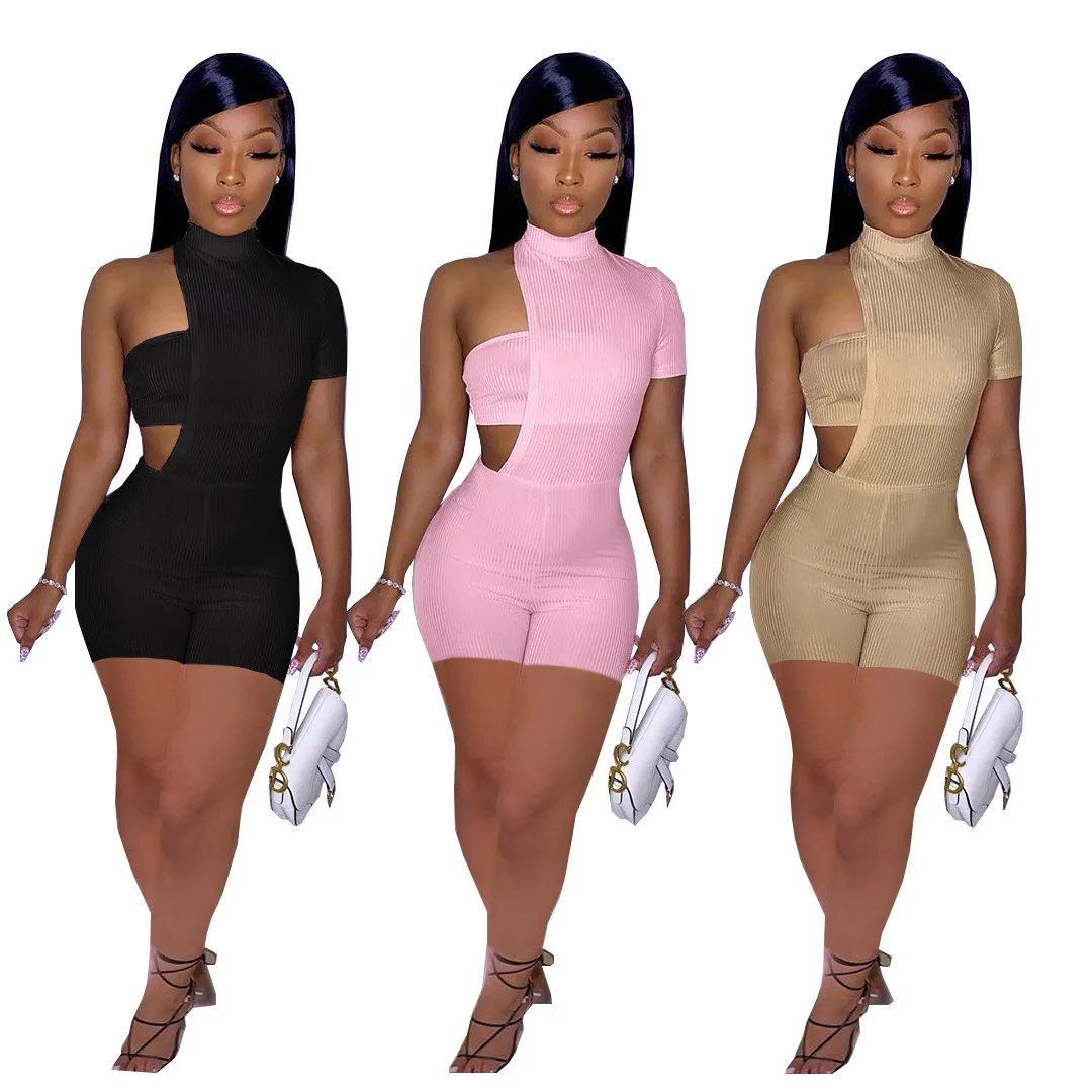 

Women Sexy 2 Piece Set Breast Wrap + One Shoulder Playsuit Elegant Club Outfit Ladies Summer Clothes Overalls Lounge Wear 2021