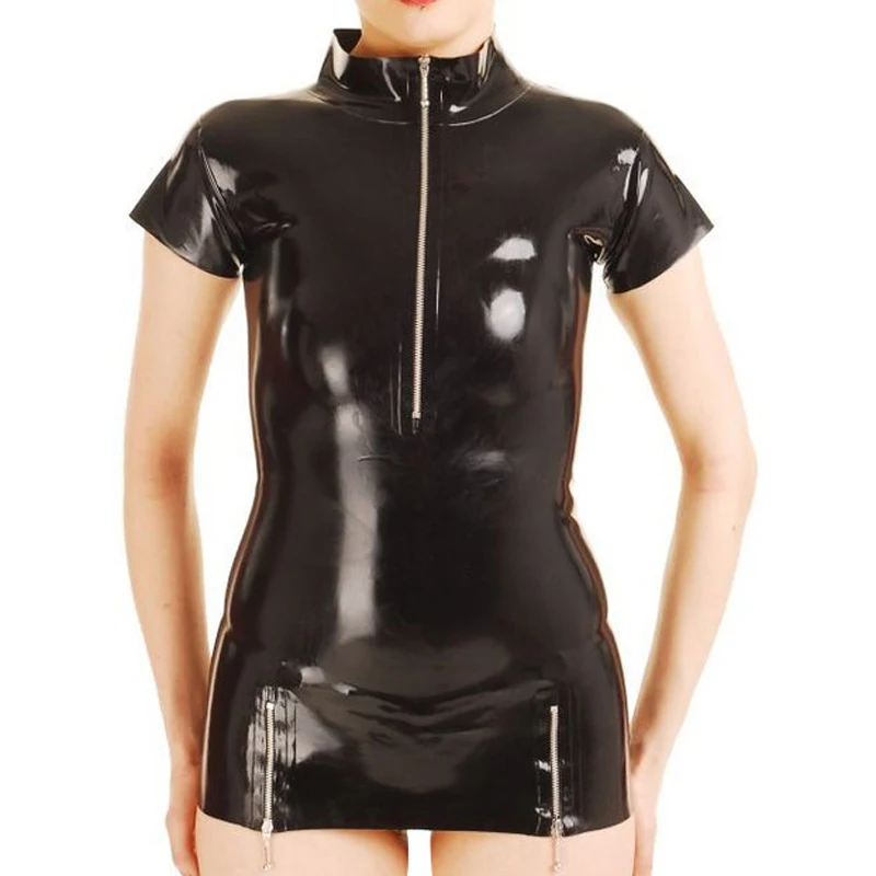 

Black Sexy Latex Shirt With Zipper At Front Short Sleeves High Collar Rubber Blouse Top YF-0304