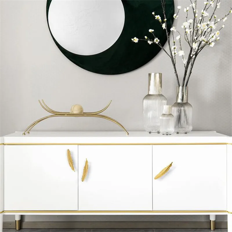 

130mm Large Feather Cabinet Door Solid Brass Handle Drawer Wardrobe Cabinet American Light Luxury Pure Copper Pulls Diy
