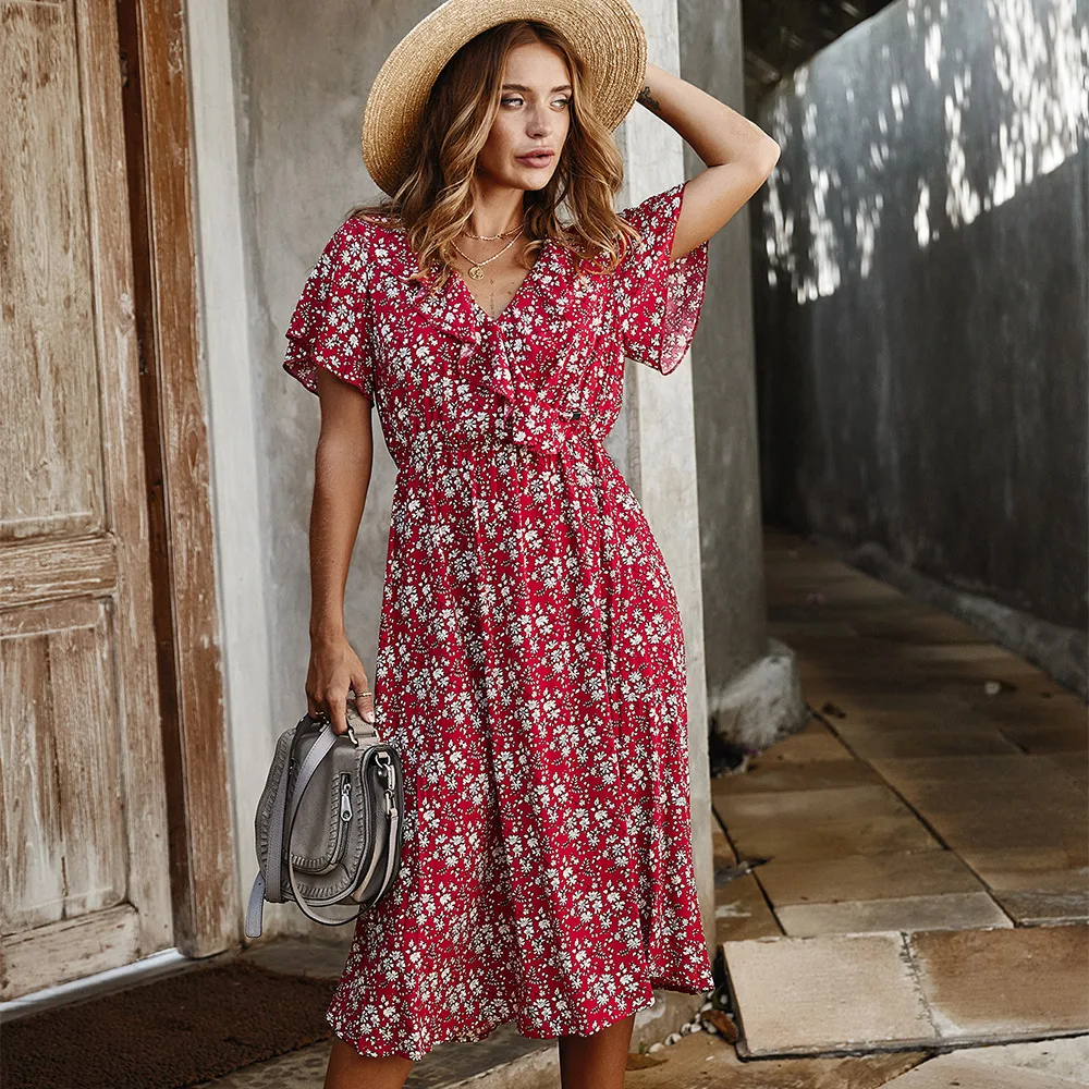 Женское платье с цветочным принтом TEELYNN красное повседневное длинное пляжное