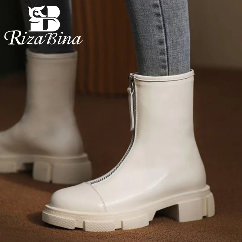 

RIZABINA Fashion Women Ankle Boots Shoes Real Leather Zipper Square Heel Short Boots Winter Daily Ladies Footwear Size 34-40