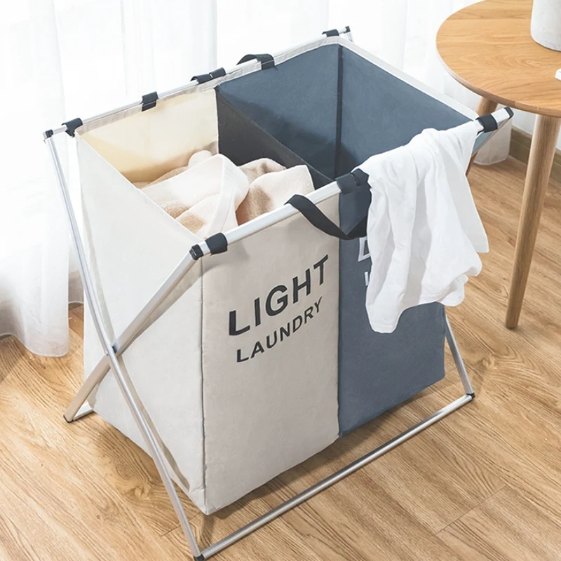 

Laundry Basket Two Grids Dirty Clothes Storage Basket Organizer Basket Collapsible Waterproof Folding Large Laundry Hamper-Grey+