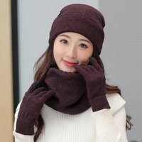 women winter hats scarves gloves kit warm knitted plus velvet hat scarf set for male female 3 piecesset beanies scarf glove
