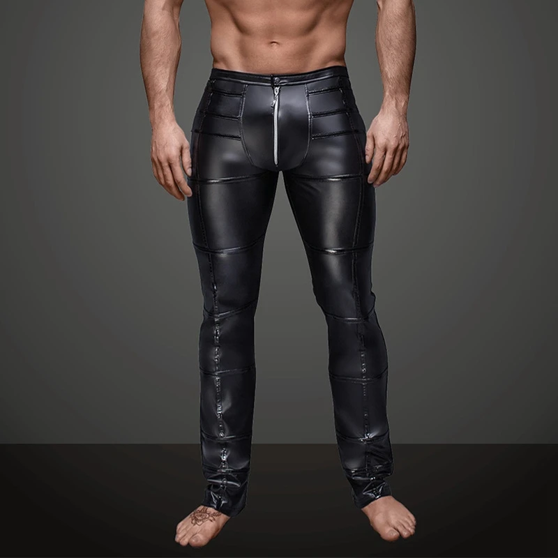 

Men Sexy Wetlook Faux Leather Lingerie Exotic Pants PU Latex Catsuit zipper crotch PVC Clubwear gay fetish Pants