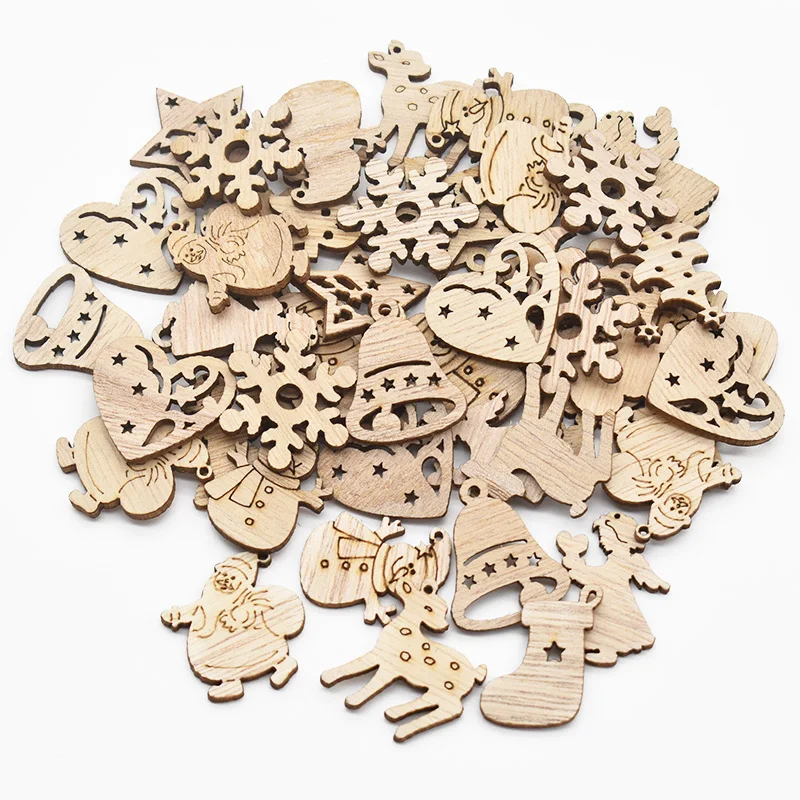 

50pcs Wooden Xmas Tree Hanging Ornament 2021 Christmas Party Decorations for Home 2022 New Year Santa Claus Snowman Gift Decor