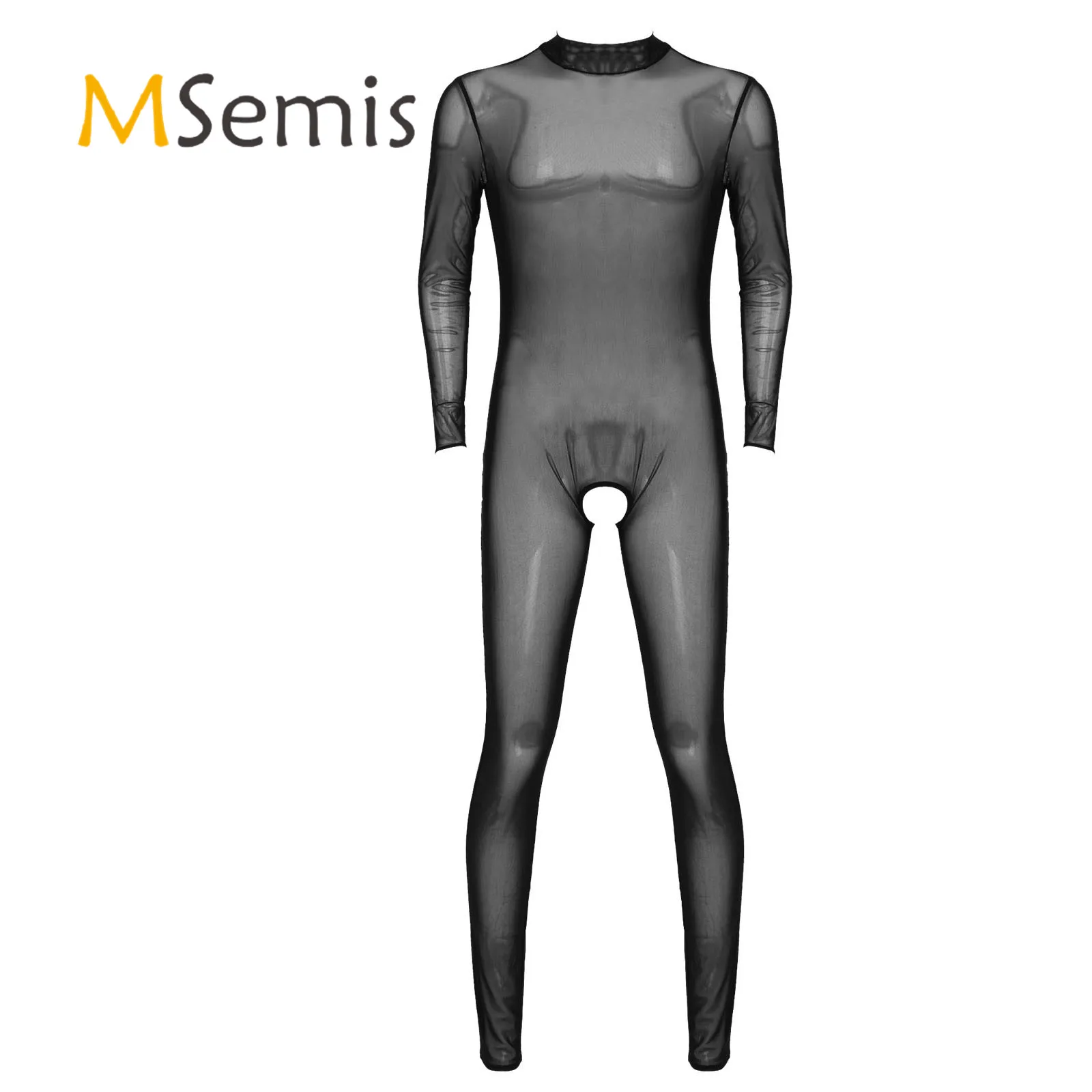 

Mens Lingerie See-through Mesh High Neck Bodysuit Long Sleeve Gay Male Crotchless Skinny Jumpsuits One-piece Zipper Back Leotard