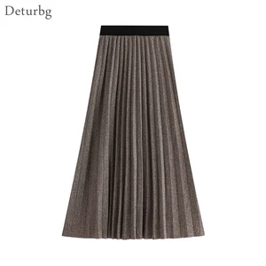 Женская модная блестящая шерстяная юбка миди, женские плиссированные облегающие вязаные юбки а-силуэта с высокой талией, Осень-зима 2021, SK582
