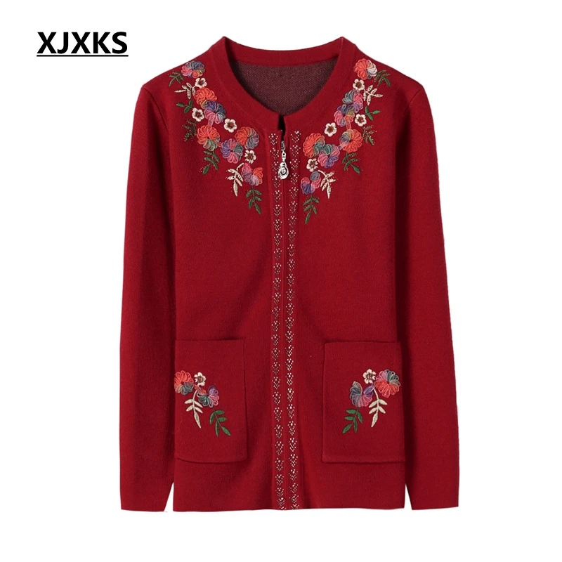 XJXKS Cardigan Coat New Autumn And Winter Zipper Embroidery Cashmere Women Plus Size Thick Outwear Sweater Coats |