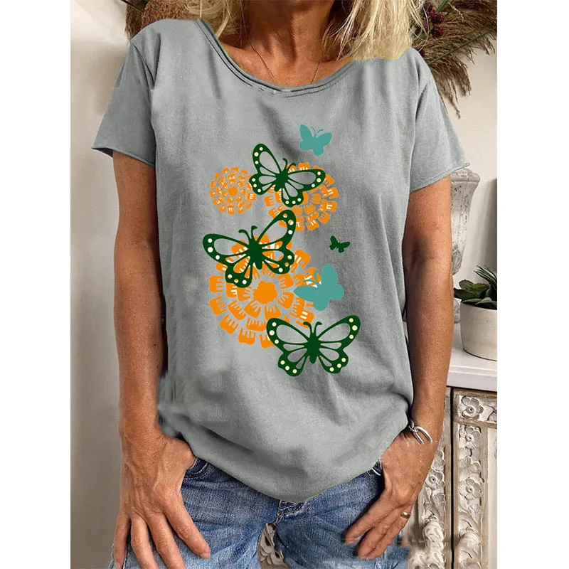 

Women's Butterfly Print T-shirt Casual Round Neck Short-sleeved T-shirt Summer Women's Tops Simple and Comfortable Summer Tops