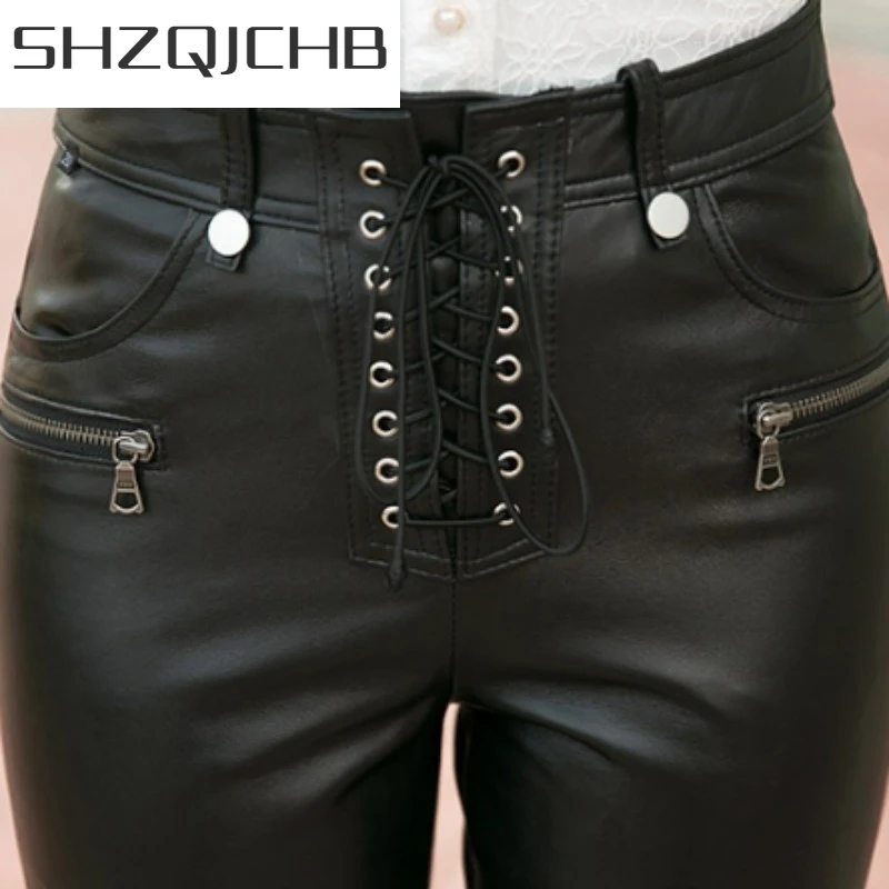 

JCHB 2021 100% Sheepskin Real Leather Pants Women Streetwear High Waist Ankle-Length Pencil Pants Fashion Sweet Ladies Slim Blac