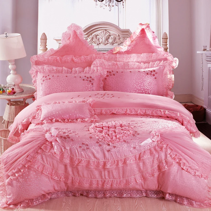 

2019 Red pink Jacquard wedding bedding sets 4/6/9pcs queen king size duvet cover set lace luxury bedlinen bedspread