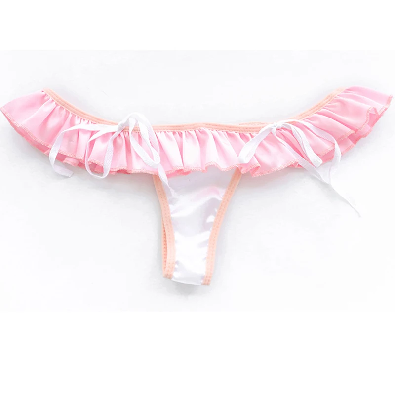 

Lolita Kawaii Girl Pink Hollow Lotus Leaf Ultrashort Halter Ruffles Rabbit Tail Underwear Anime Girl Cosplay Bikini Lingerie Set