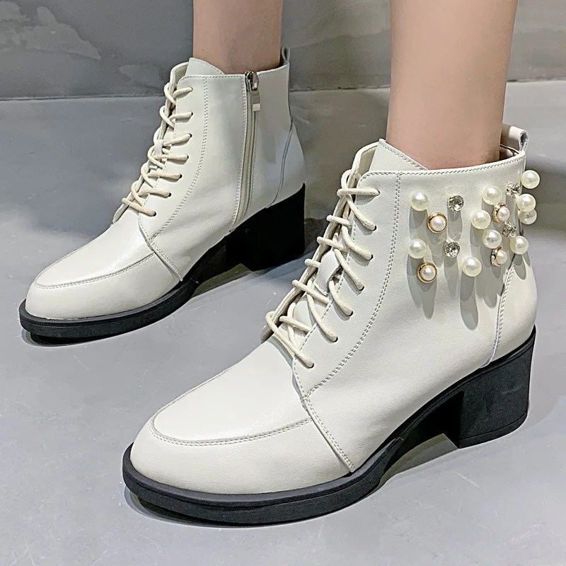 

Autumn and Winter New Style Single Boots Women's Thick Heel Fashion Ankle Boots Women's Rhinestone Pearl Side Zipper Short Boots