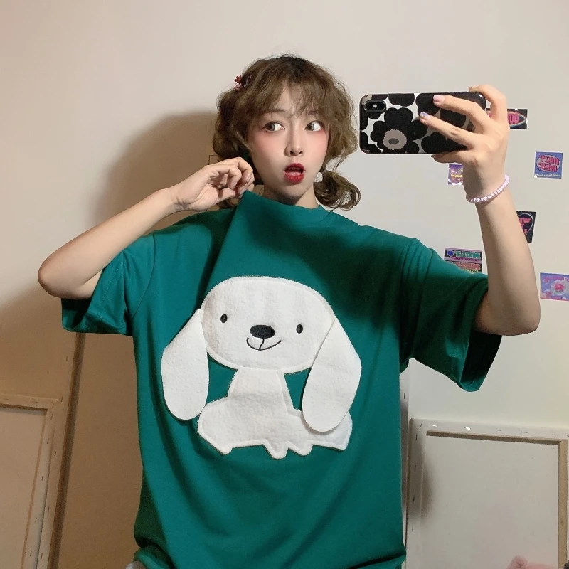 Oversized Short Sleeve Women'S T-Shirt 2021 Summer Dog Embroidery Top Female Fashion Clothes For Girls Camisetas