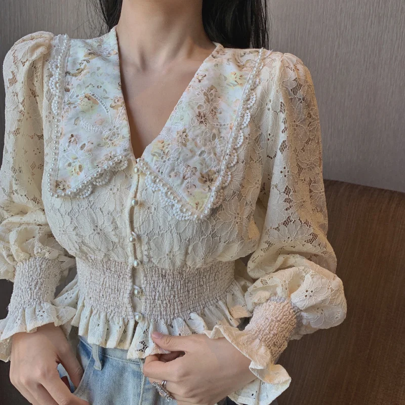 

New Women Vintage Blouse Spring Autumn V Neck Turn Down Collar Beading Lace Shirts Korean Style Sweet Ruffles Blouse