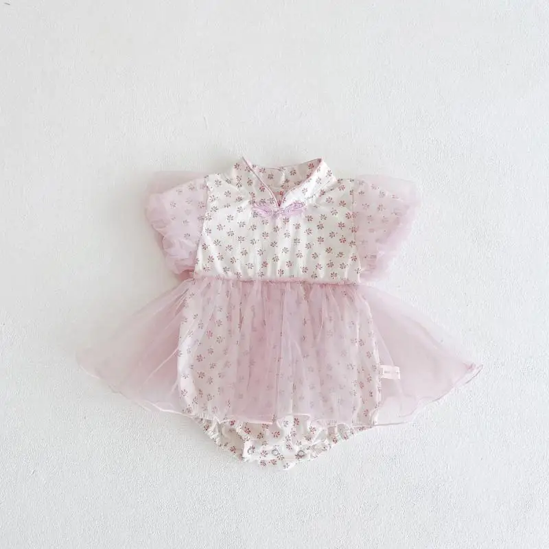 

Fashion Baby Girl Summer Clothes Cotton Floral Printed Short Sleeve Bodysuits Toddler Princess Net Skirt Chinese Style Bodysuit