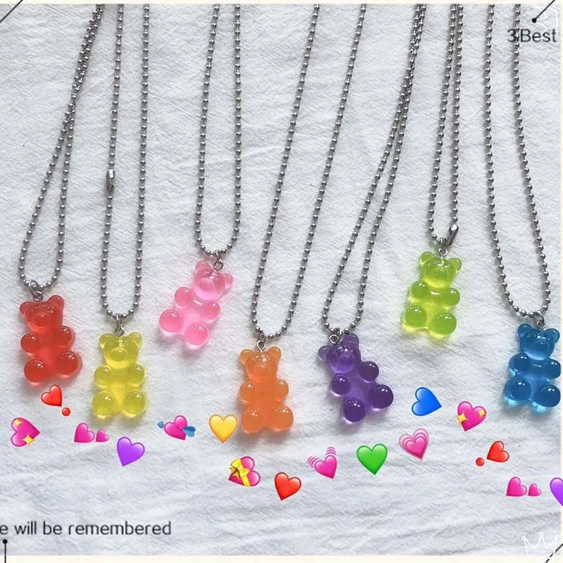 Collar Kawaii de oso de resina para niñas, cadena de bola de estilo karajuke de 60cm, collar de animal de color caramelo, 2021