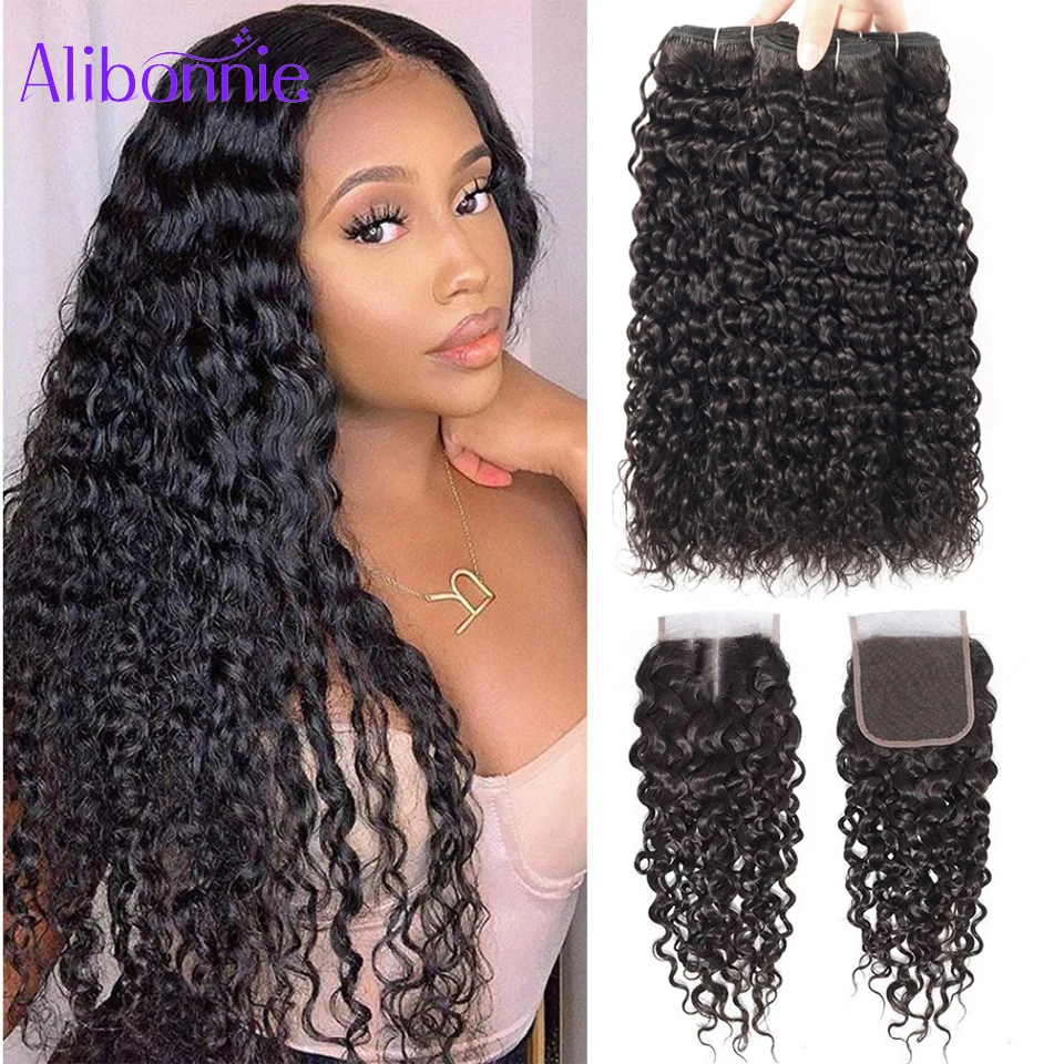 

Alibonnie Water Wave Bundles With Closure Peruvian Hair Natural Wave Hair Extension Remy Human Hair 3 Bundles With Closure