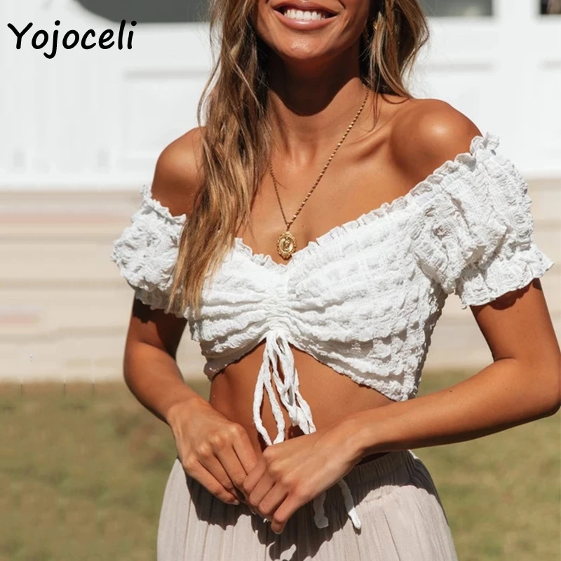 Сексуальные блузки Yojoceli с открытыми плечами женские укороченные топы блузы |