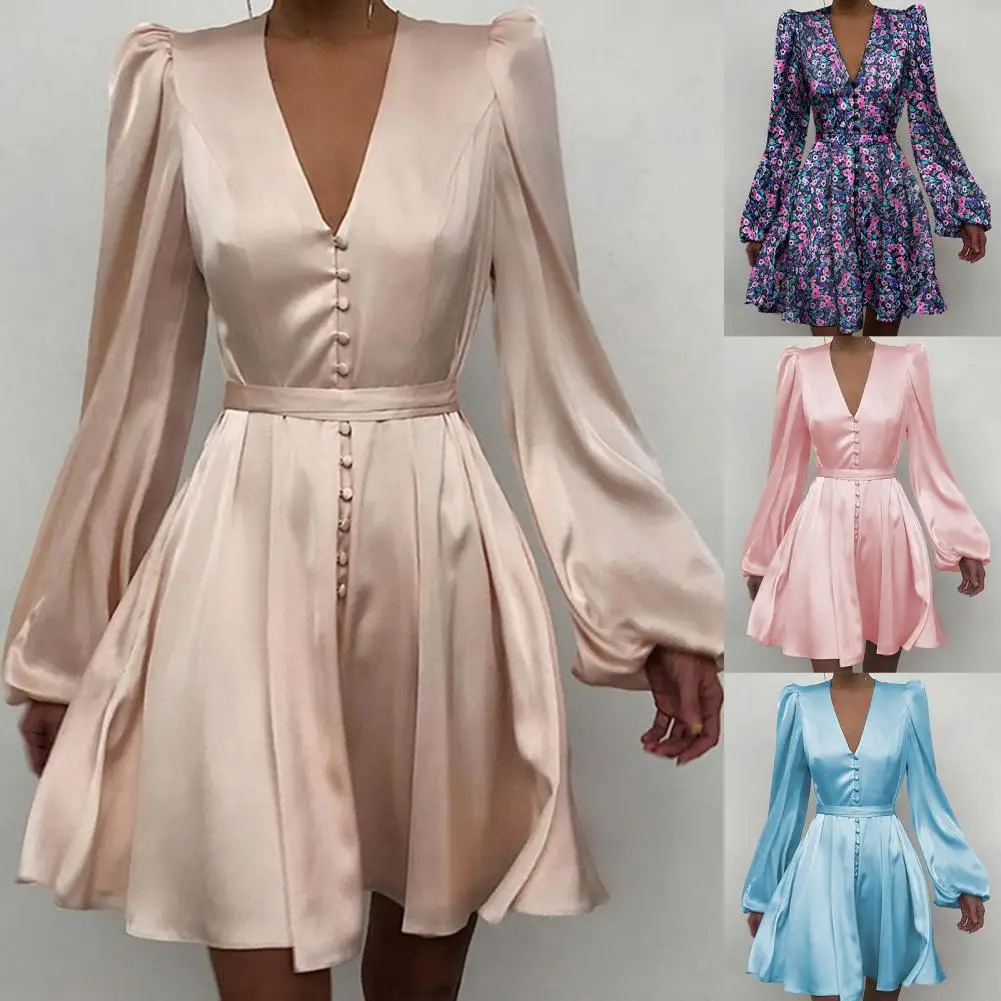 

Платье женское однотонное с глубоким V-образным вырезом и рукавами-фонариками