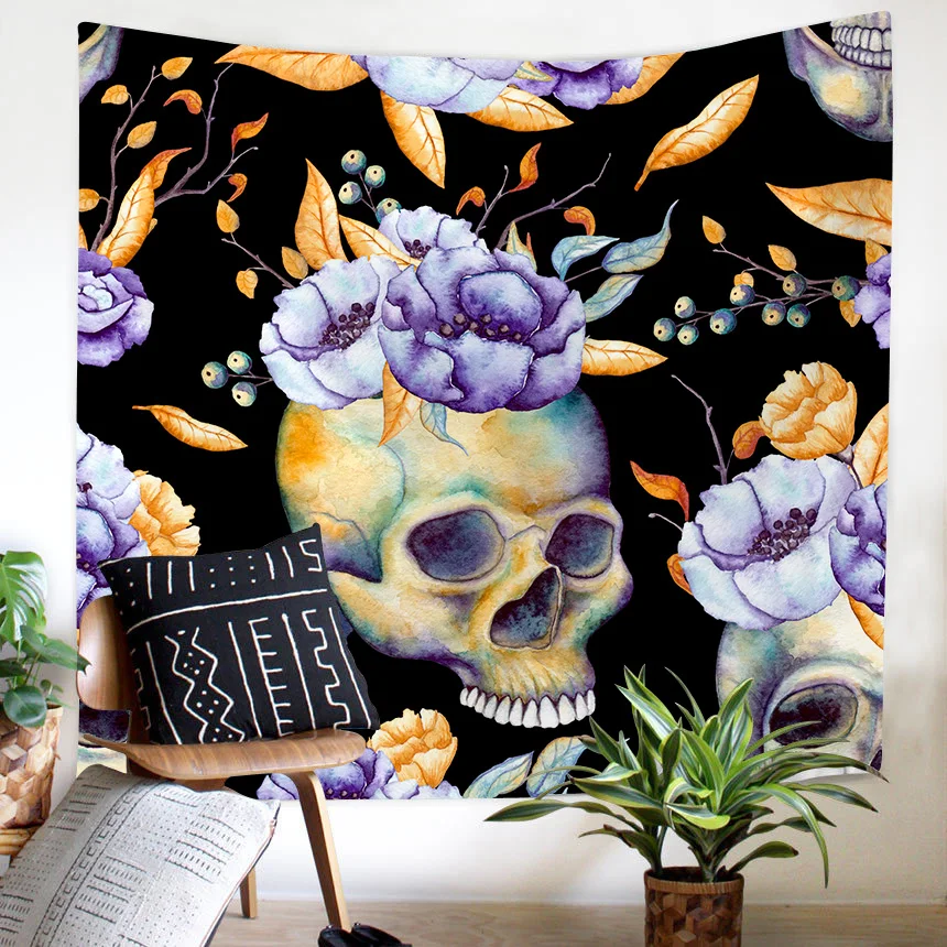 

Flowers Skull Tapestry Bedroom Living Room Hotel Wall Hanging Tapestry Modern Skull Art Background Decorative Cloth