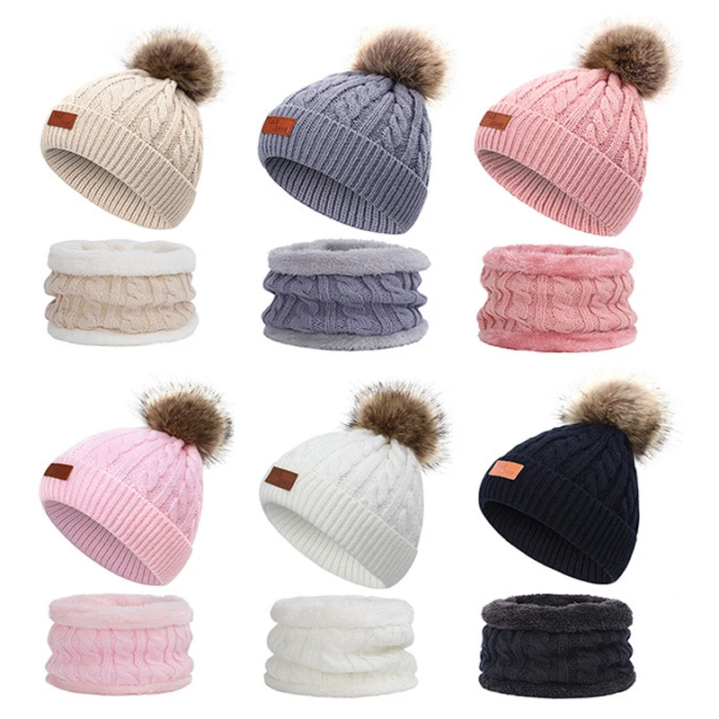 

Baby Kids Girls Boys Knit Beanies Hat Scarf Gloves Set Winter Warm Pom Knitted Beanie Cap Scarves Bib Fleece Lined Solid Color