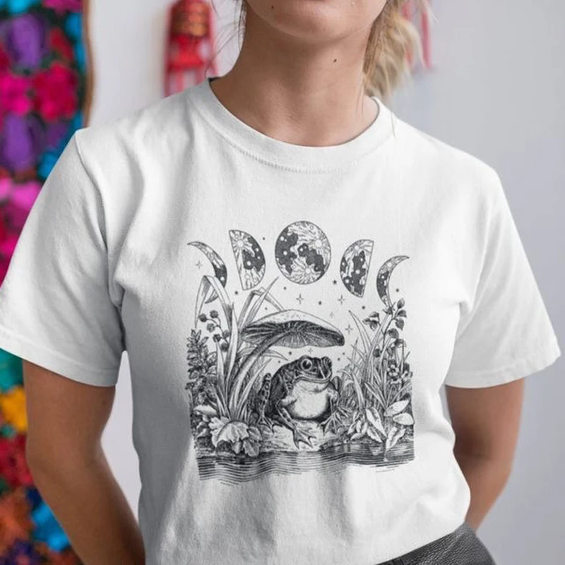 

Summer Fashion Korean Style Cottage Core Frog Graphic Tee 90s Vintage Harajuku Hipster Moon Mushroom Funny Unisex Women T-Shirt