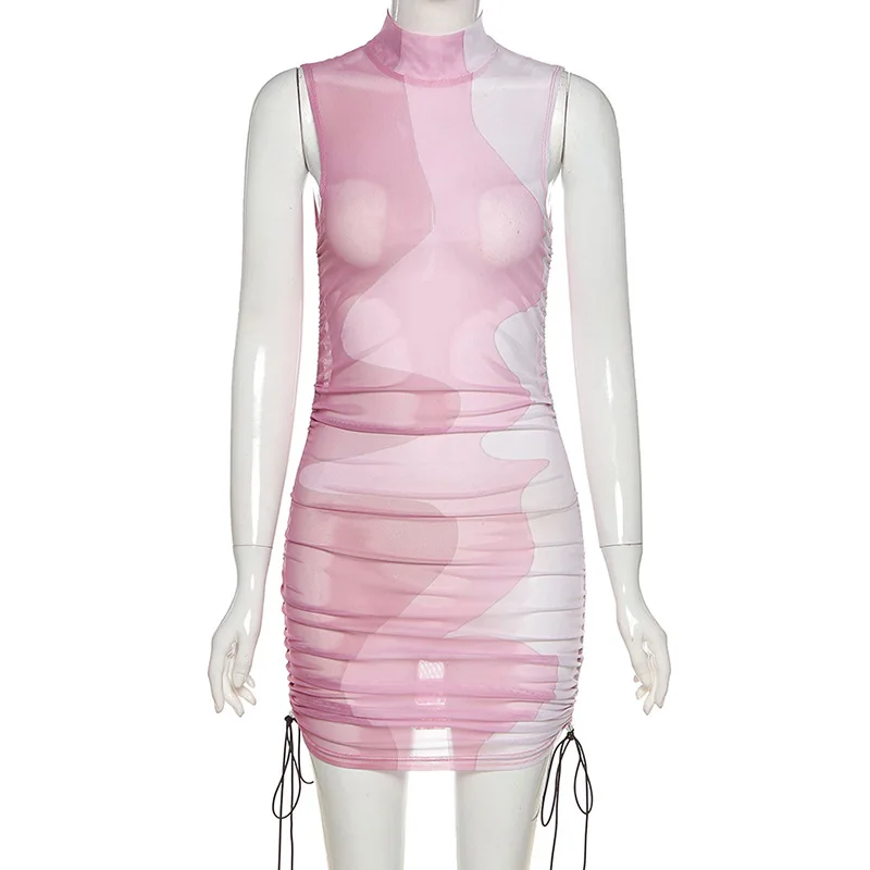 

2021 Spring Sexy Print See Through Women Dress Sleeveless Hollow Out Dresses Party Night Clubwear Vestidos Solid Color