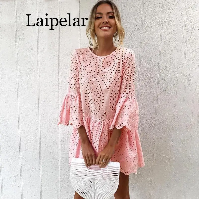 

2019 Sexy Hollow Out Short Sleeve Party Dress Causal Women Lace Embroidery Dress Ruffle Sleeve Solid Cotton Mini Dresses