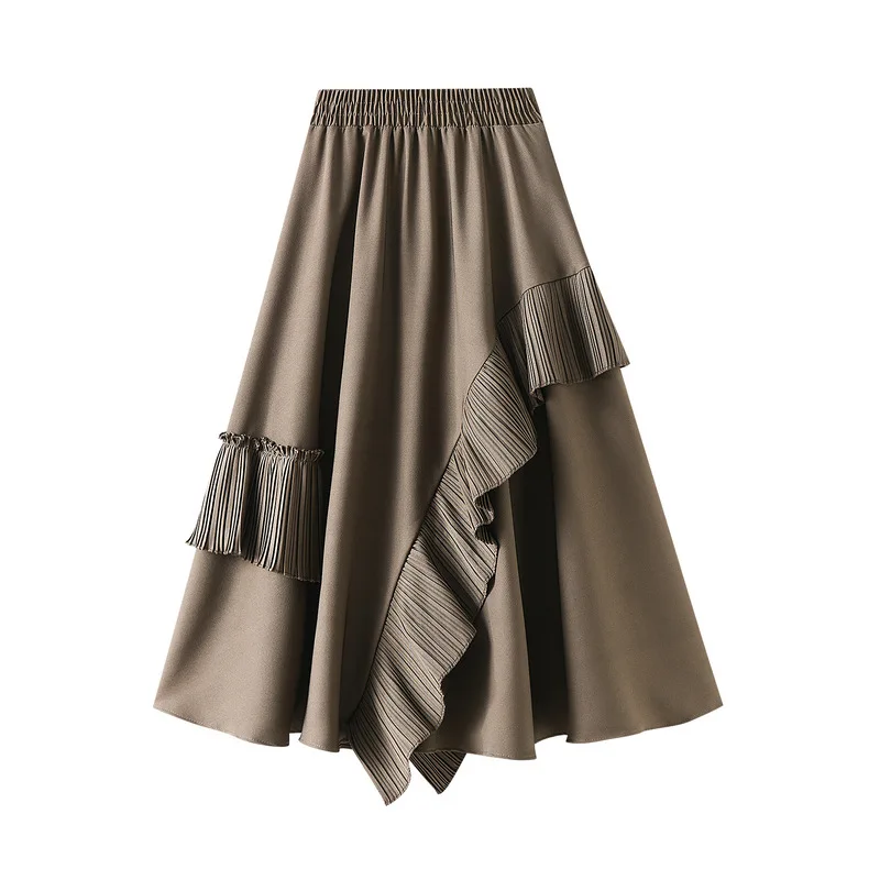

OHRYIYIE High Waist A-line Skirt Womens Fashion Korean Ruffles Midi Skirt Autumn Winter 2022 Casual Beige Black Elegant Skirts