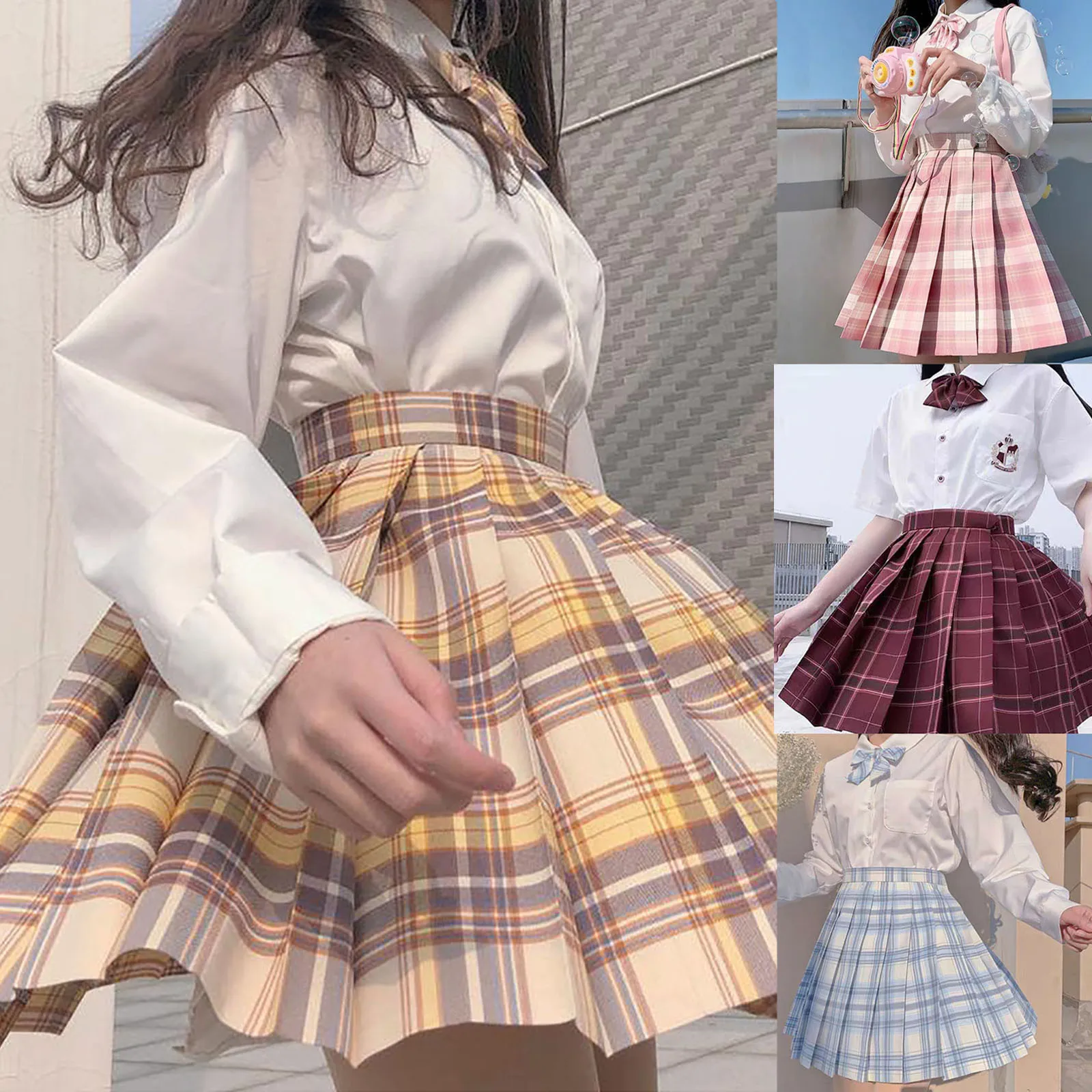 

2020 High Waist Pleated Skirts Kawaii Harajuku Skirts Women Girls Lolita A-line Pleated Skirt Large Size Preppy School Uniform