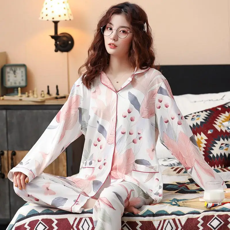 

New Autumn Winter Sleepwear 2 Piece Sets For Women 'S Cotton Pajamas Turn -Down Collar Homewear Large Size Pijama Pyjama