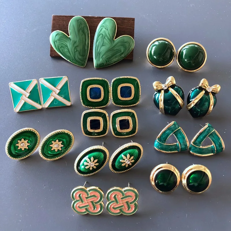 

925 Silver Needle stud earrings green series enamel drip glaze geometric shape color matching love silver needle stud earrings