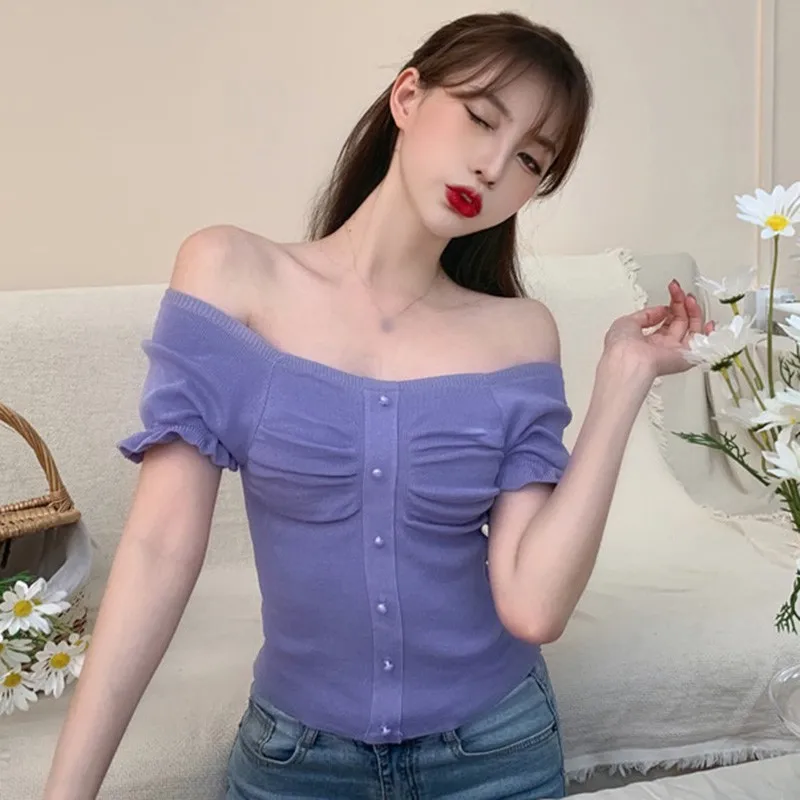 

oioninos Women's Solid Square Collar Pleated Slim Fashion Casual Knitted Short Sleeve T Shirt