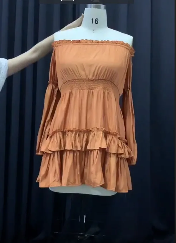 Оранжевое сексуальное женское платье 2019 чистый цвет с открытыми плечами высокая