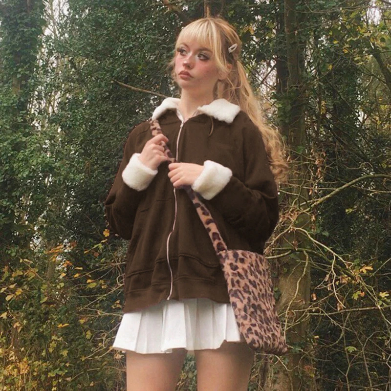 Y2k меховые куртки свободное коричневое гранж-пальто верхняя одежда с отложным