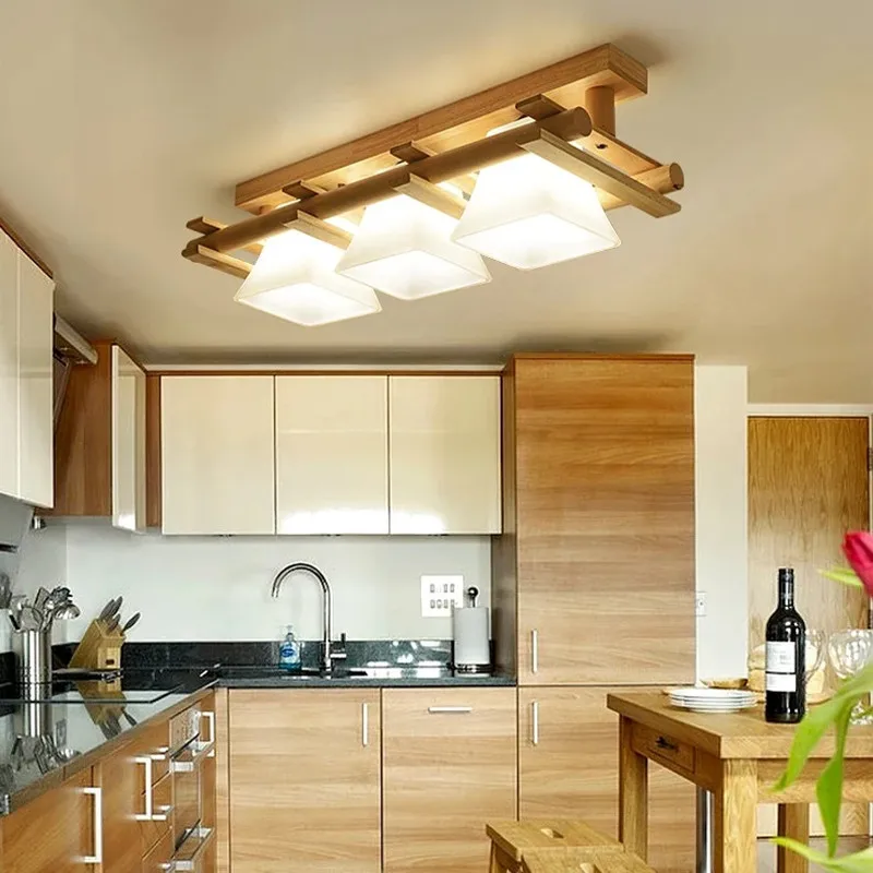 

Japanese Ceiling Light for Home Lighting Glass Lampshade LED Ceiling Lamp Wood Base living room bedroom Hallways Porch Fixtures