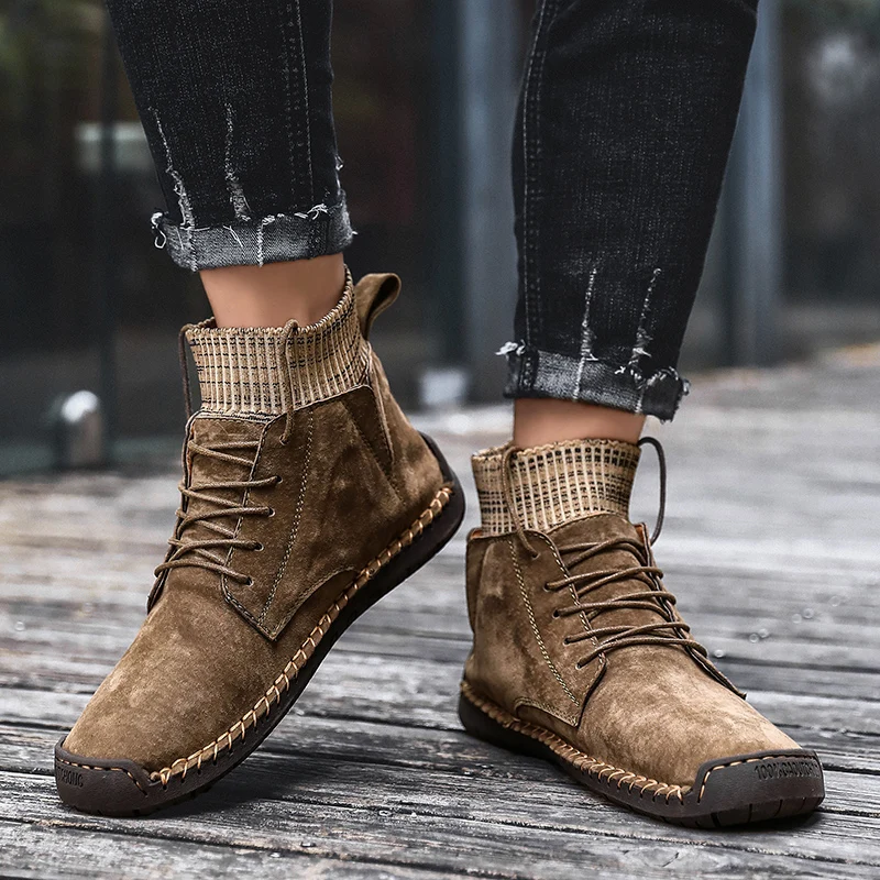 Модные зимние мужские замшевые ботильоны из коровьей кожи теплые плюшевые