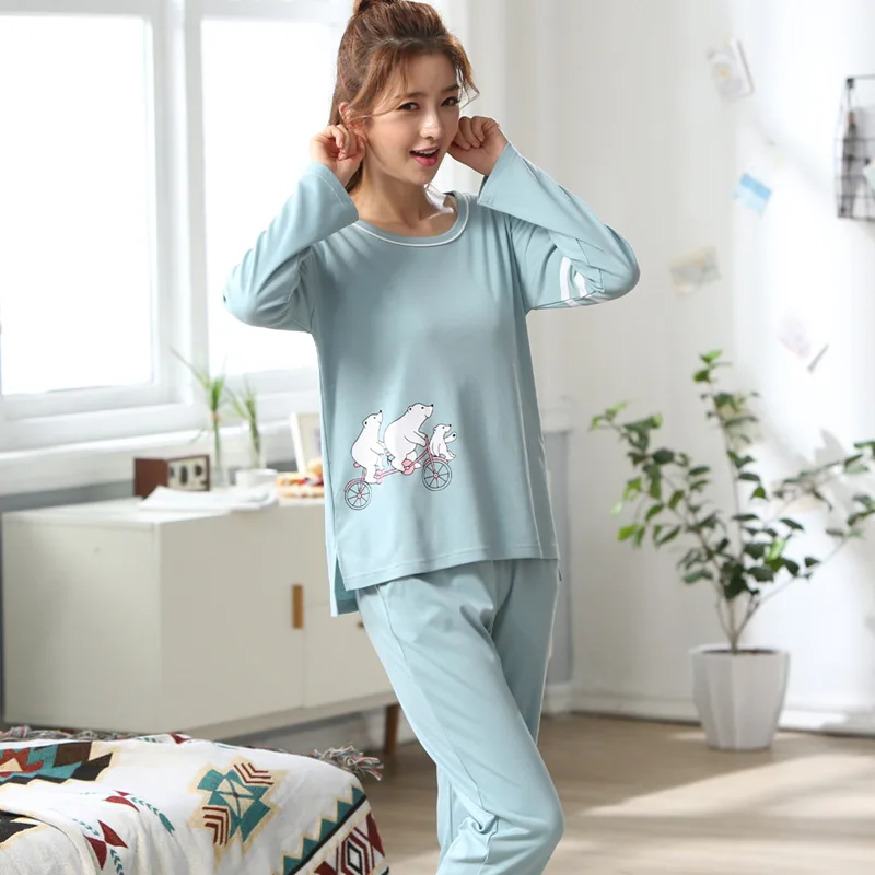 Пижамы женские осенние и зимние хлопковые с длинными рукавами рисунком модные