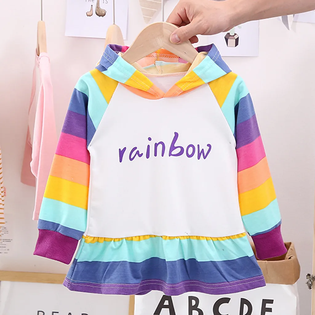 Girl Dress Baby Kids Girls Toddler Rainbow Letter Hooded Long Sleeve Skirt Princess Children Autumn Casual Clothing C50# | Детская