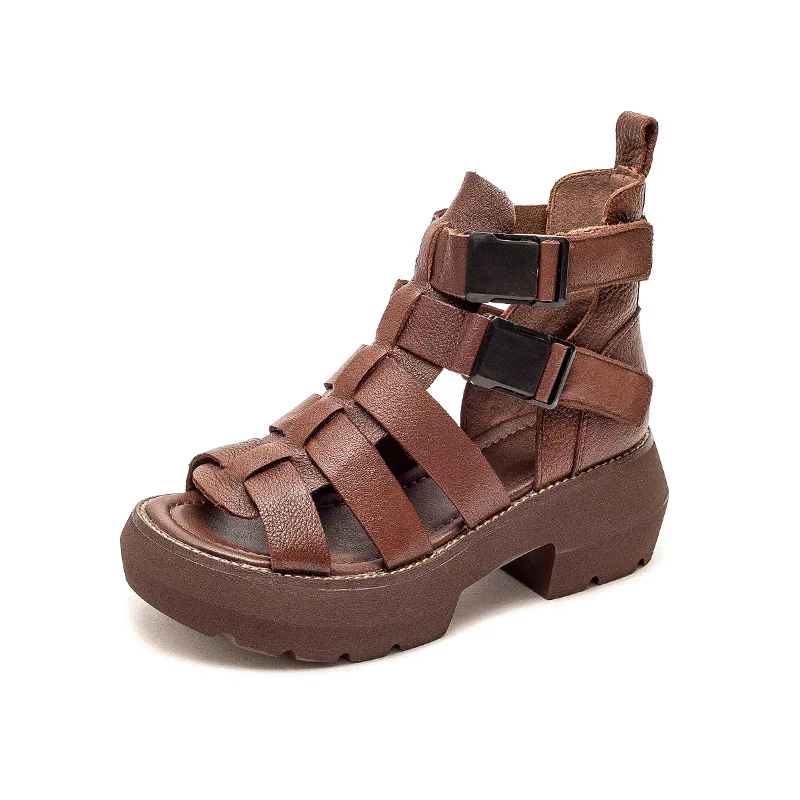 

2021 spring and summer new leather retro solid color Roman style wedge with fish mouth hollow ladies sandals