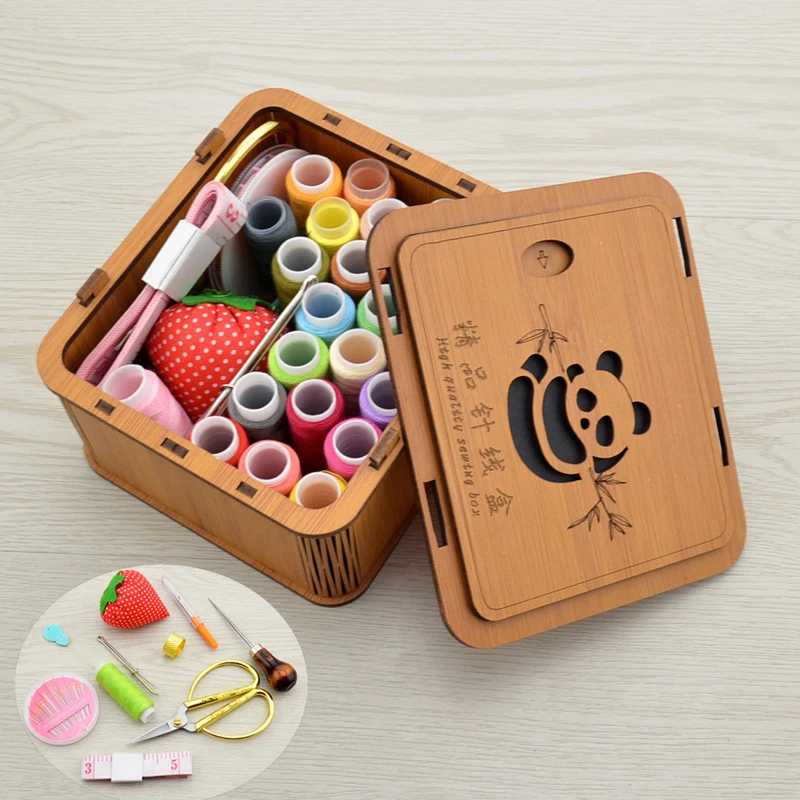 

Cute Panda Pattern Box for Sewing Supplies Exquisite Wooden Sewing Supplies Storage Box Set of 33 Sewing Tool Thread Storage Box