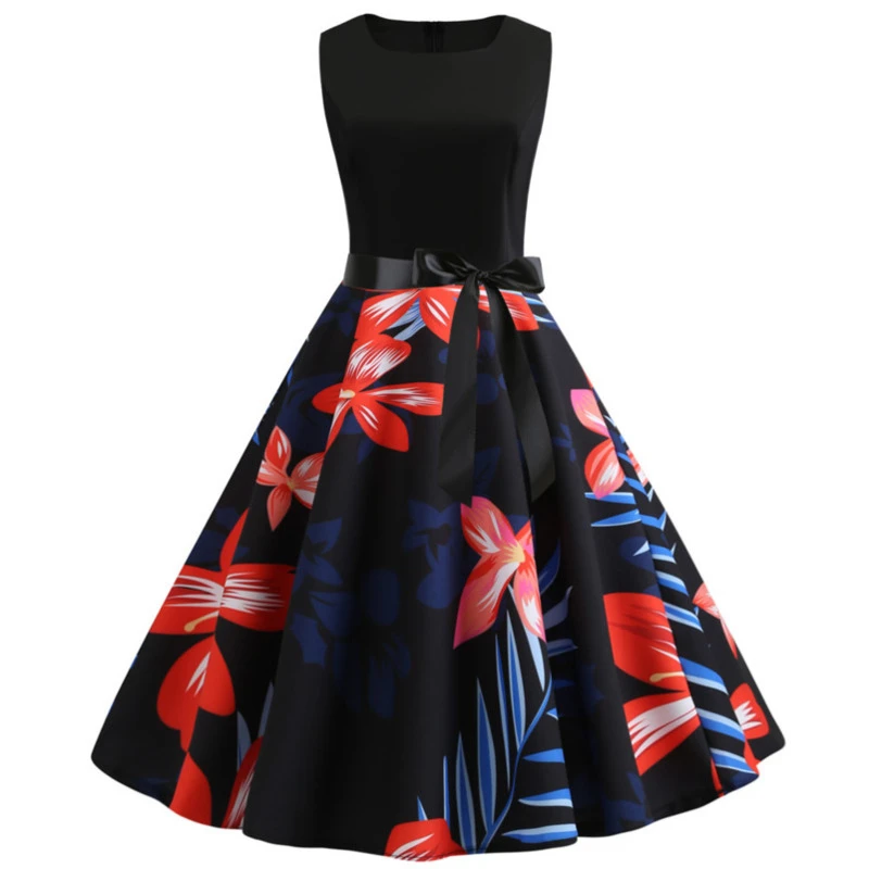 TITAME Women Vintage Dress Sleeveless Valentine Big Swing Elegant Print Party Dresses Robe Plus Size | Женская одежда