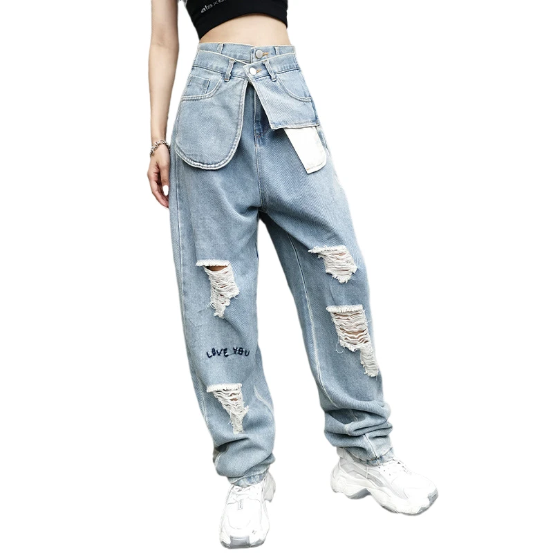 Джинсы женские осенние модели 2020 новые рваные светло голубые прямые брюки с